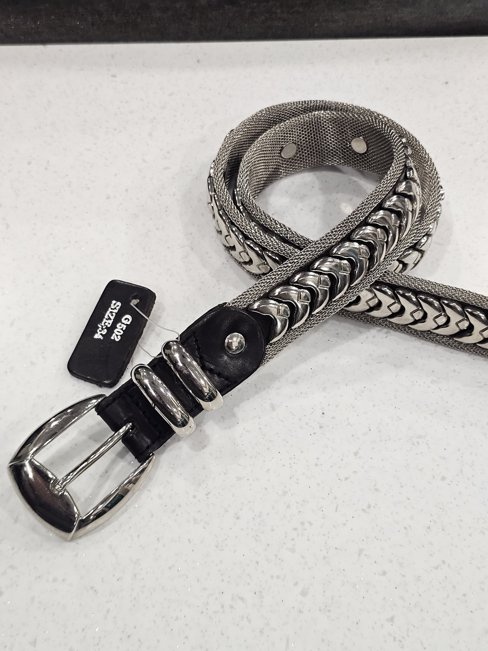 Italian Leather Silver Chainmail Mesh Chevron Statement Belt 34 Y2K Rock Chic